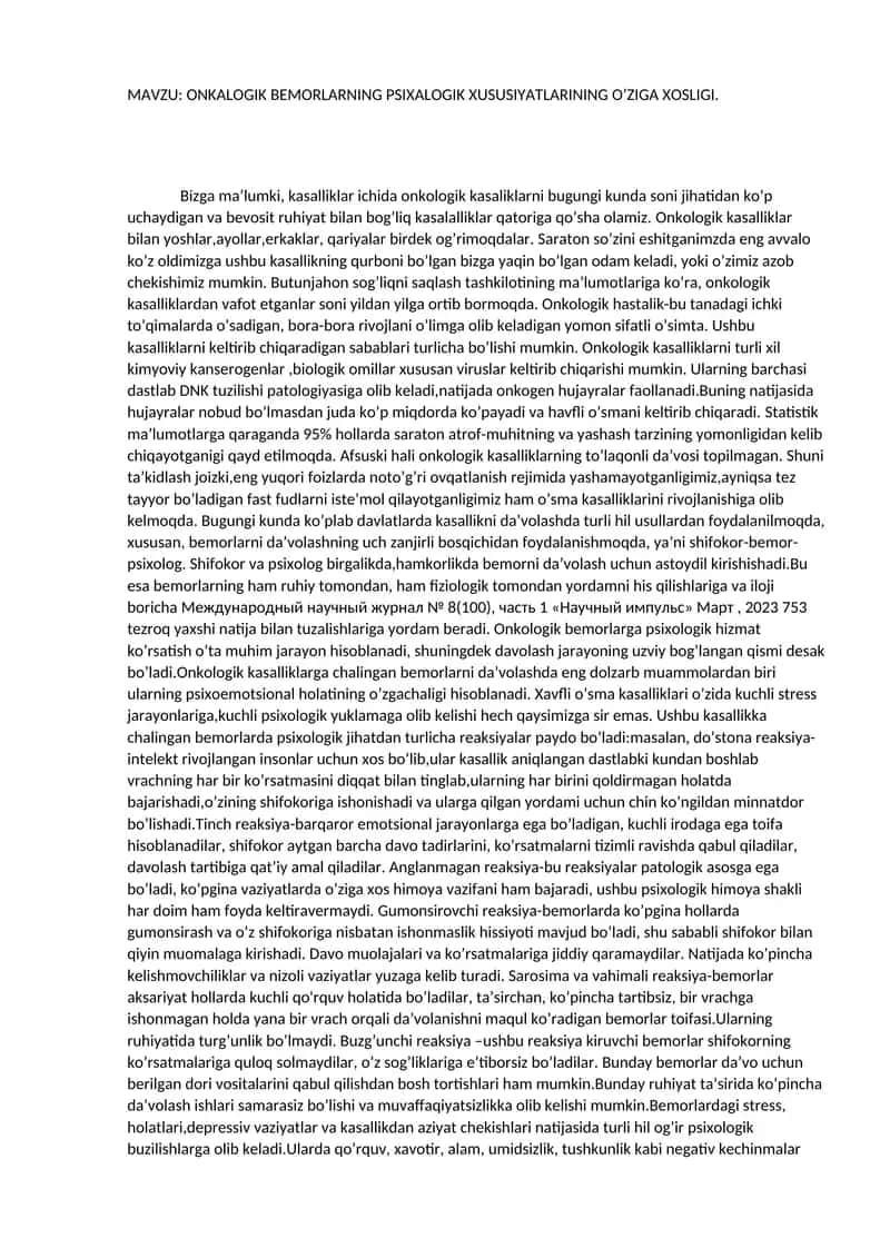 Onkologik Bemorlarning Psixologik Xususiyatlari 1