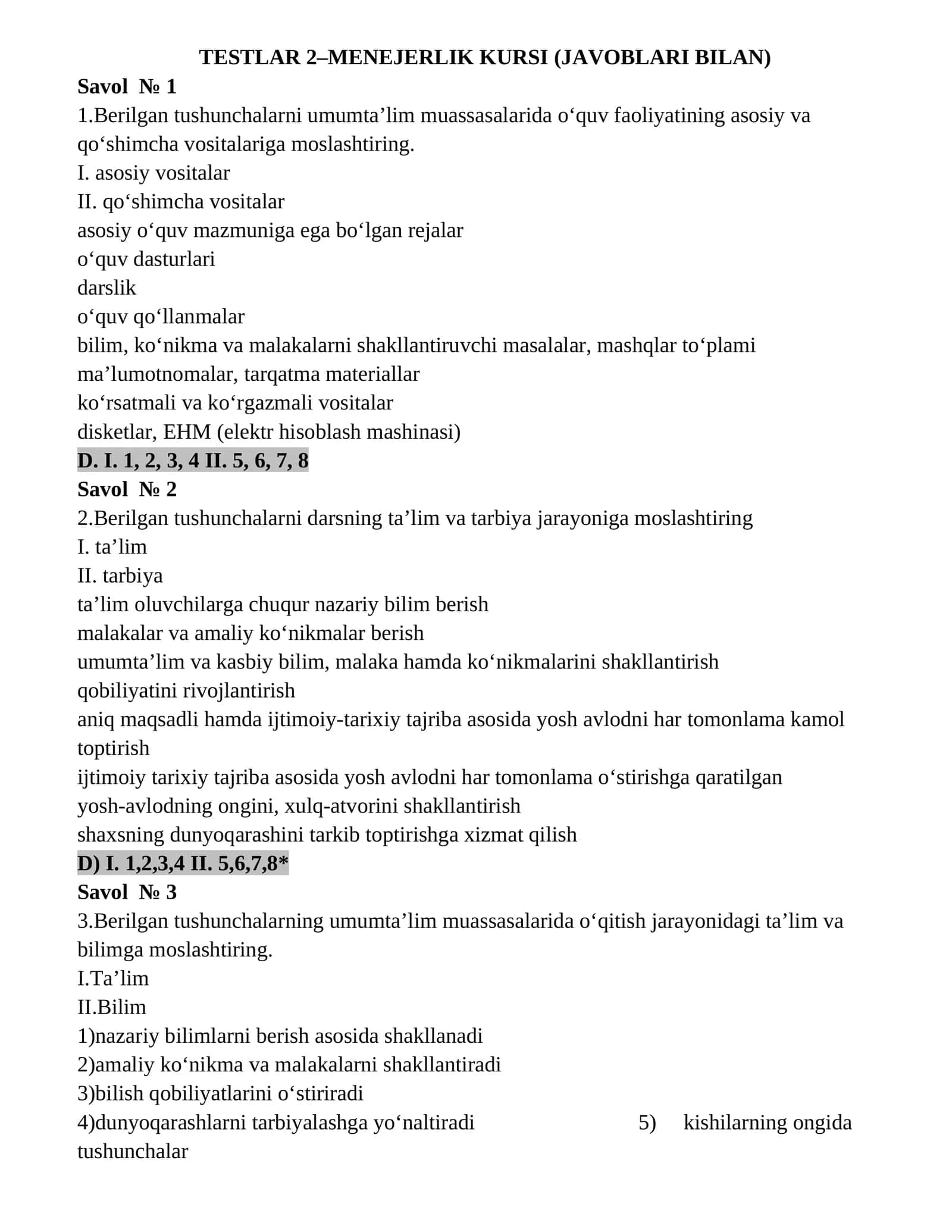 МЕНЕЖЕРЛИК КУРСИ (JAVOBLARI BILAN) 1