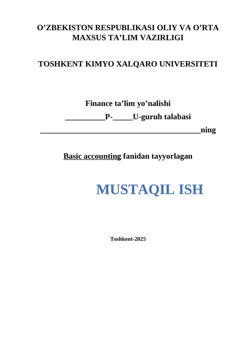 Basic accounting fanidan tayyorlagan MUSTAQIL ISH 1