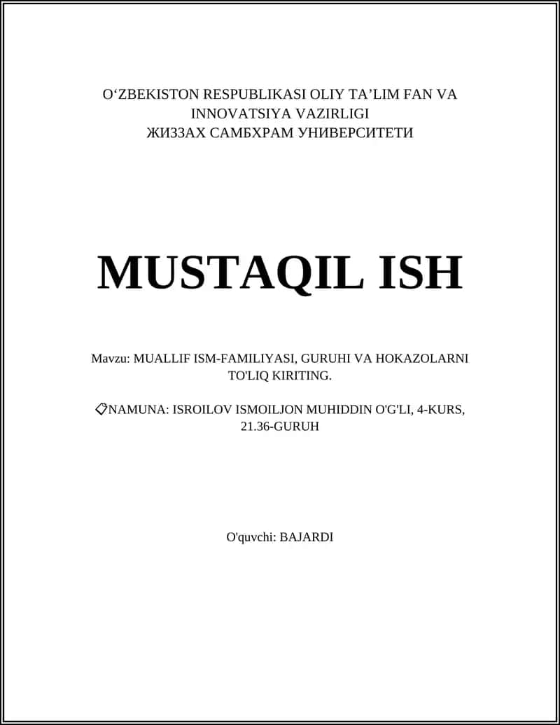 ISROILOV ISMOILJON MUHIDDIN O'G'LI, 4-KURS, 21.36-GURUH 1
