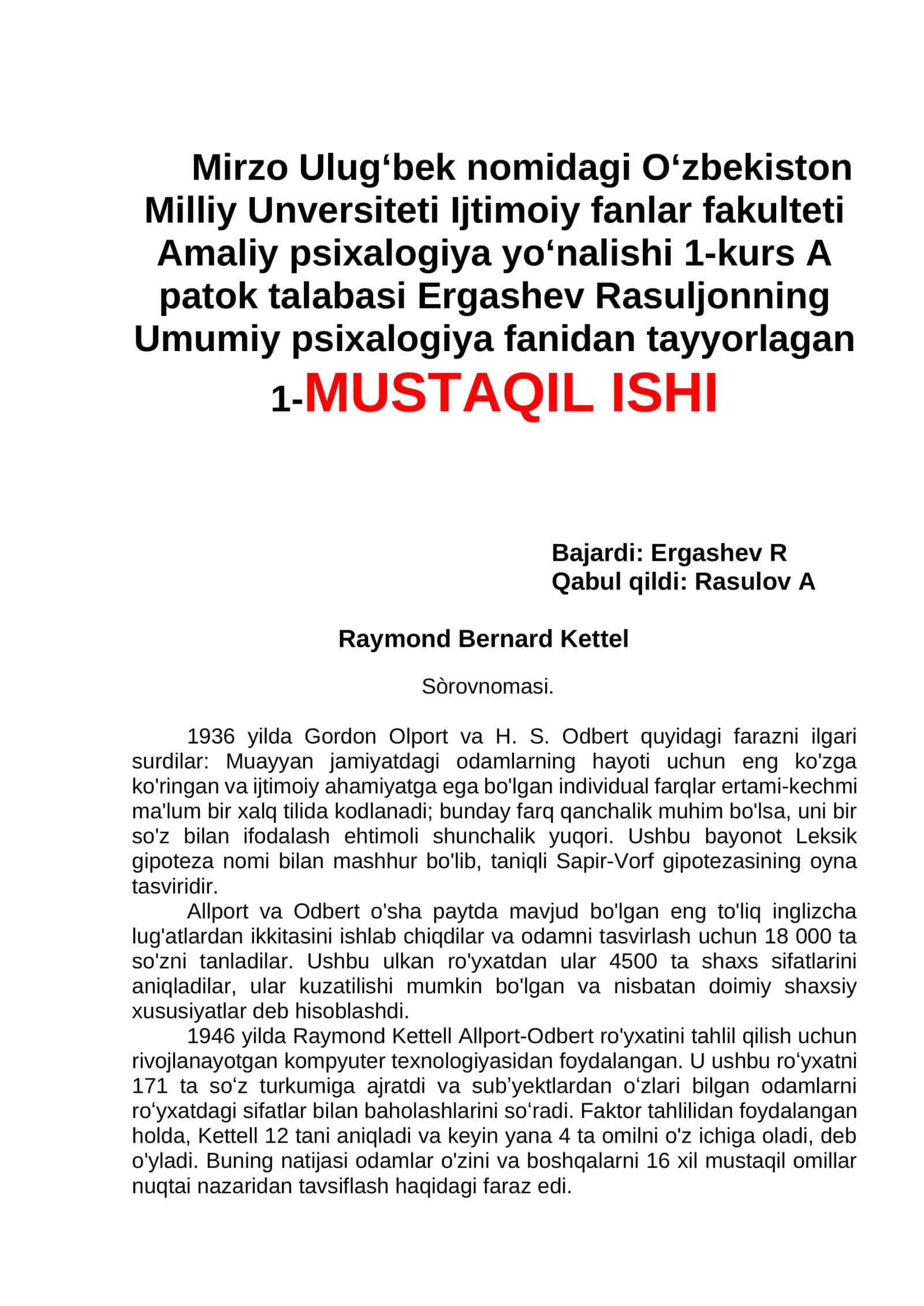 Umumiy psixalogiya fanidan tayyorlagan 1-MUSTAQIL ISHI 1