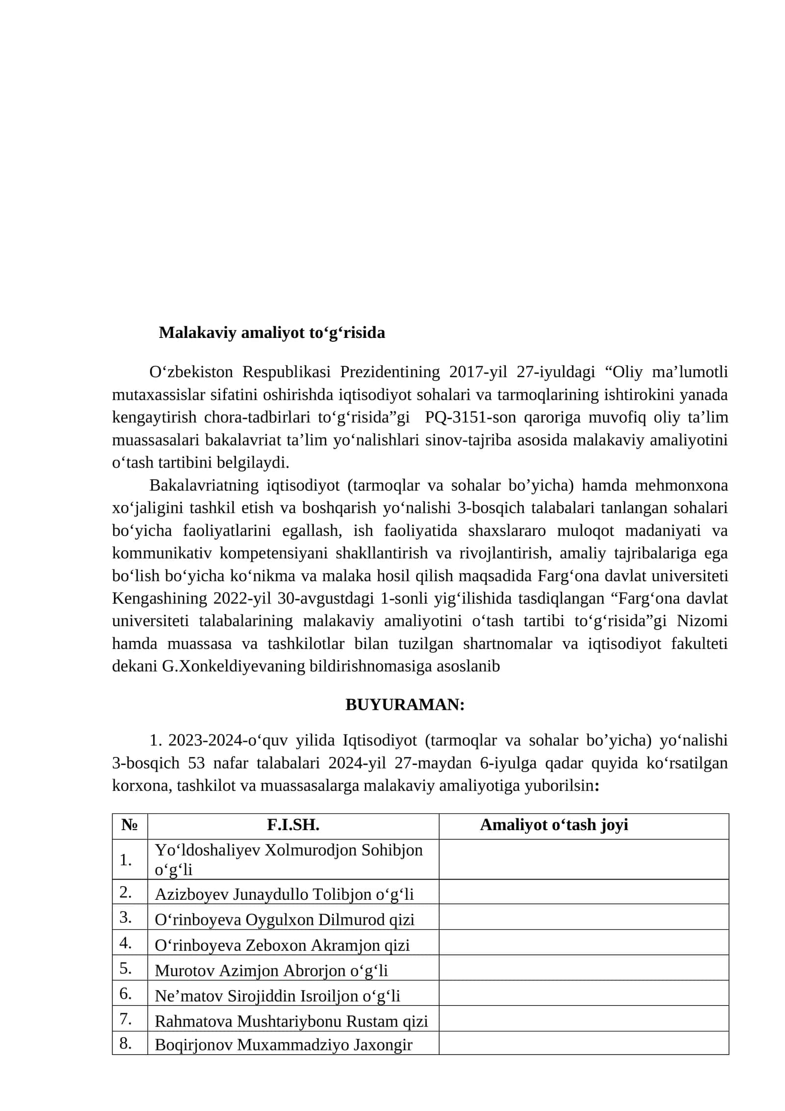 Malakaviy amaliyot to‘g‘risida 1