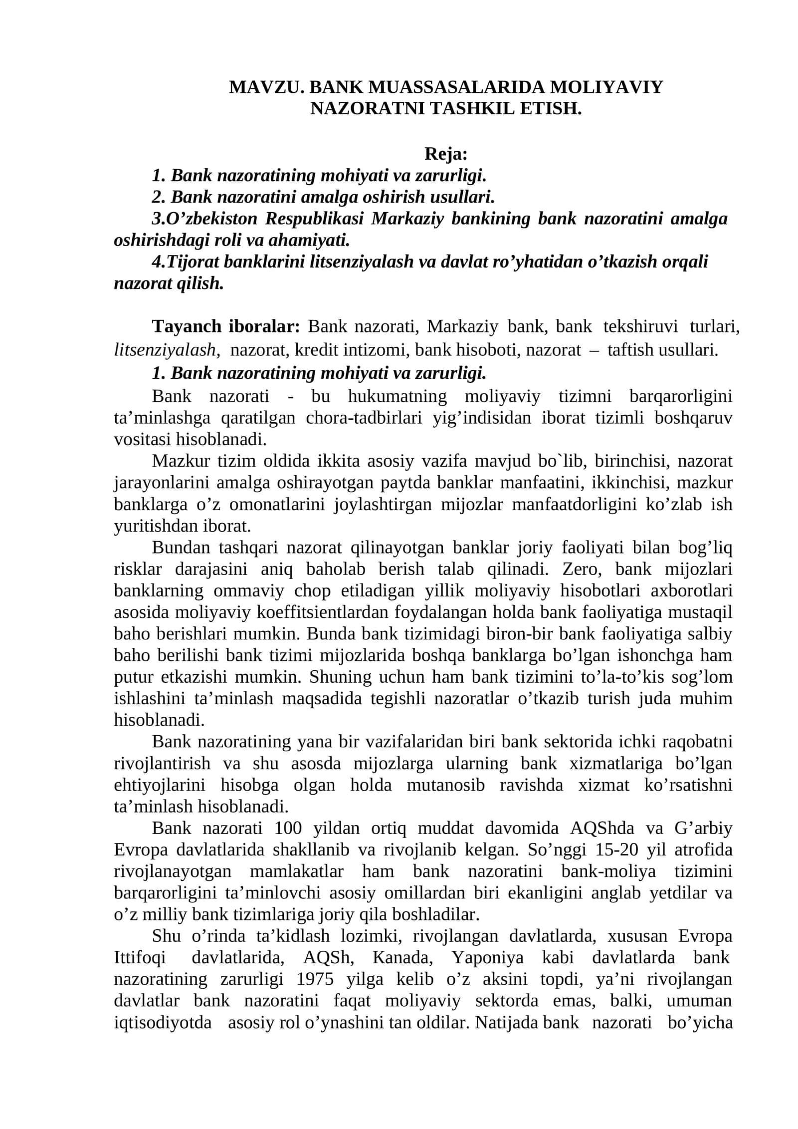 BANK MUASSASALARIDA MOLIYAVIY NAZORATNI TASHKIL ETISH 1