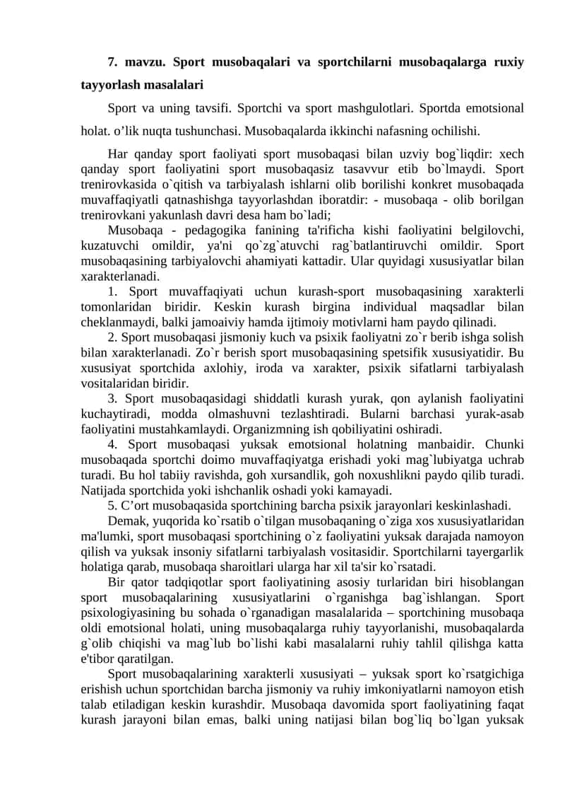 Sport musobaqalari va sportchilarni musobaqalarga ruxiy tayyorlash masalalari 1