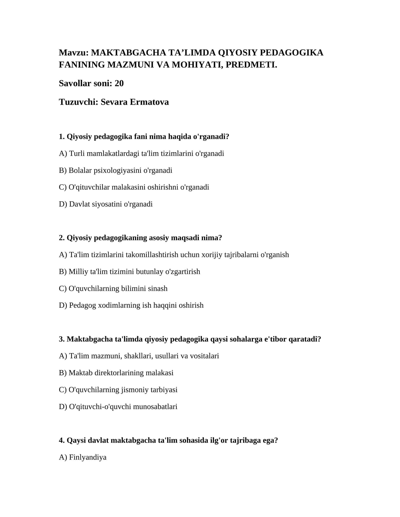 MAKTABGACHA TAʼLIMDA QIYOSIY PEDAGOGIKA FANINING MAZMUNI VA MOHIYATI, PREDMETI 1