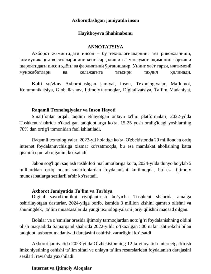 Raqamli Texnologiyalar va Inson Hayoti 1