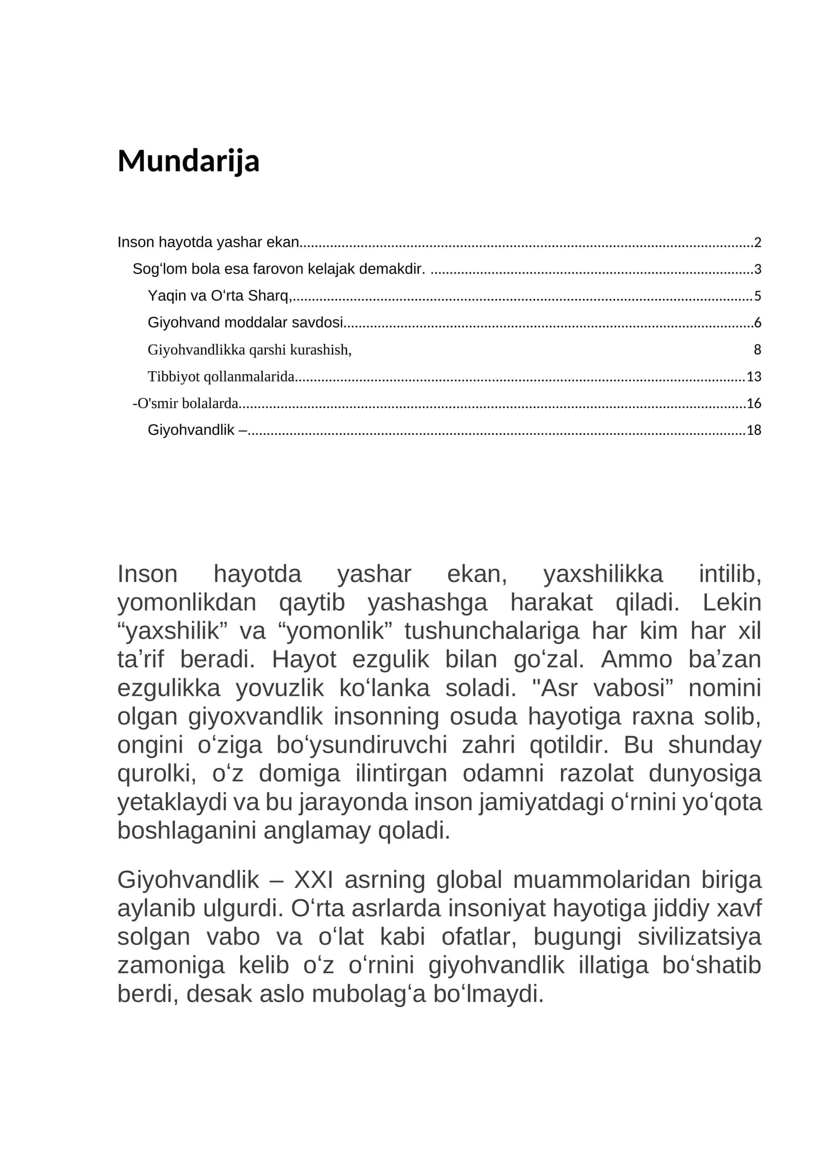 Giyohvandlik va Undoklariga Qarshi Kurashish 1