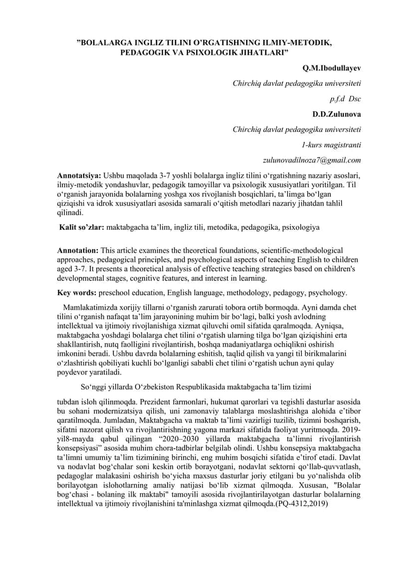 BOLALARGA INGLIZ TILINI O’RGATISHNING ILMIY-METODIK, PEDAGOGIK VA PSIXOLOGIK JIHATLARI 1