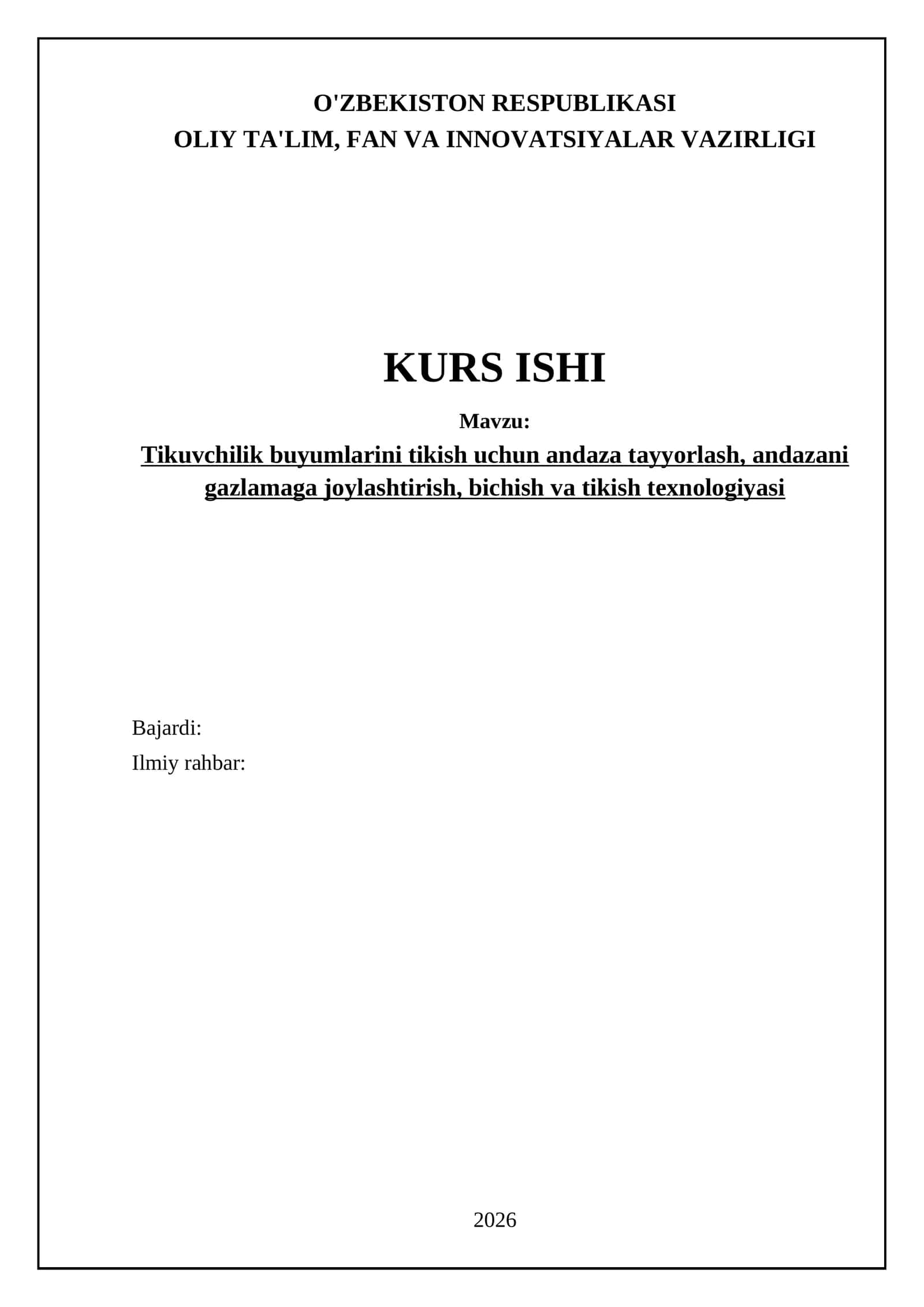 Tikuvchilik buyumlarini tikish uchun andaza tayyorlash, andazani gazlamaga joylashtirish, bichish va tikish texnologiyasi 1