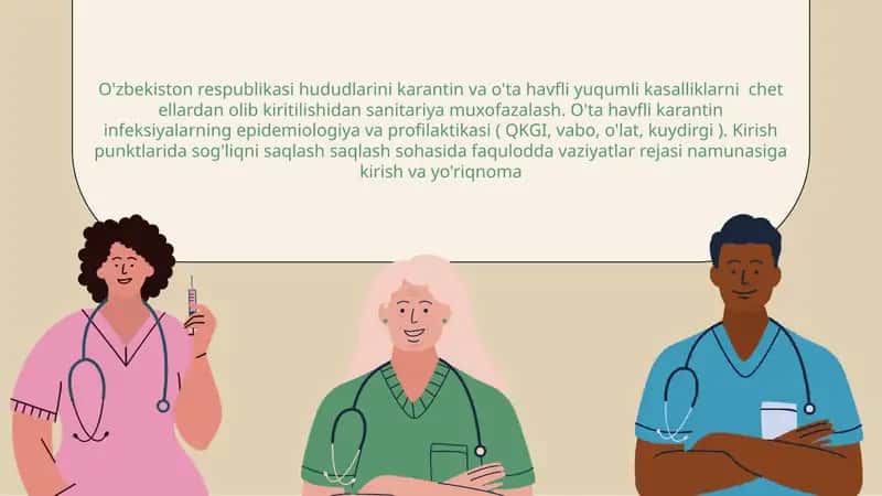 O'zbekiston respublikasi hududlarini karantin va o'ta havfli yuqumli kasalliklarni  chet ellardan olib kiritilishidan sanitariya muxofazalash. O'ta havfli karantin infeksiyalarning epidemiologiya va profilaktikasi ( QKGI, vabo, o'lat, kuydirgi ). Kirish punktlarida sog'liqni saqlash saqlash sohasida faqulodda vaziyatlar rejasi namunasiga kirish va yo'riqnoma 1