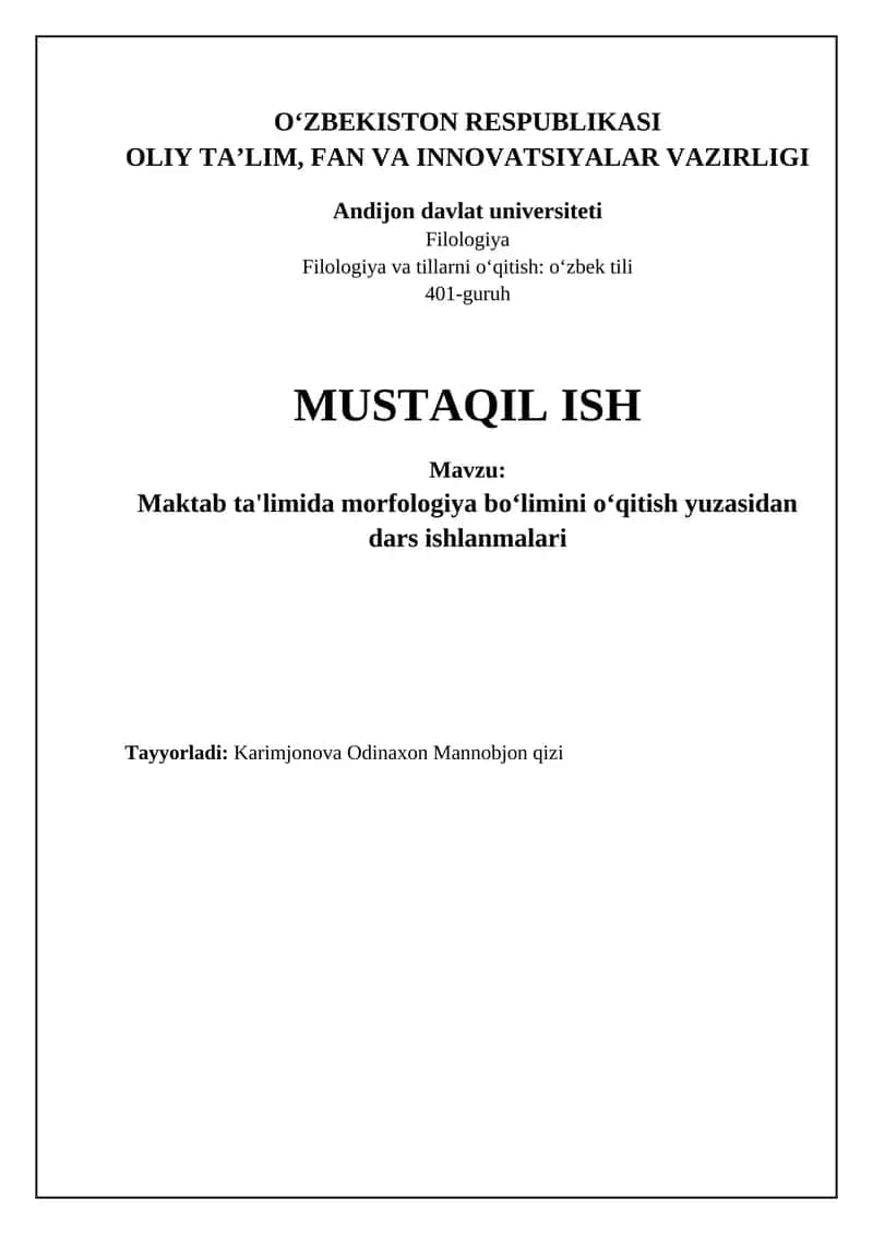 Maktab ta'limida morfologiya bo‘limini o‘qitish yuzasidan dars ishlanmalari 1