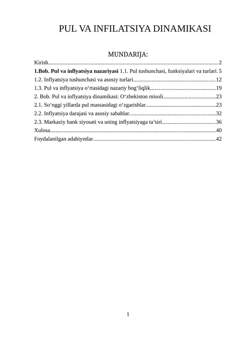 Pul va infilyatsiya dinamikasi 1