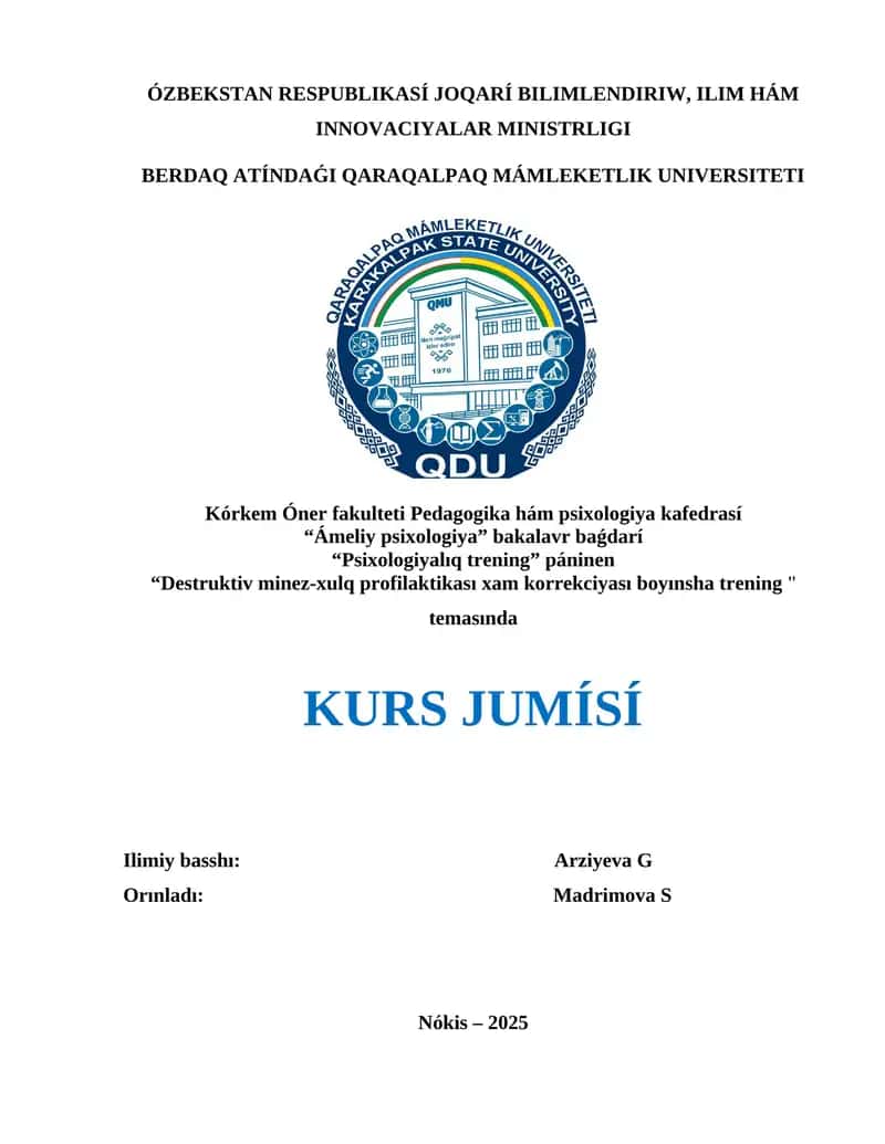 Destruktiv minez-xulq profilaktikası xam korrekciyası boyınsha trening 1