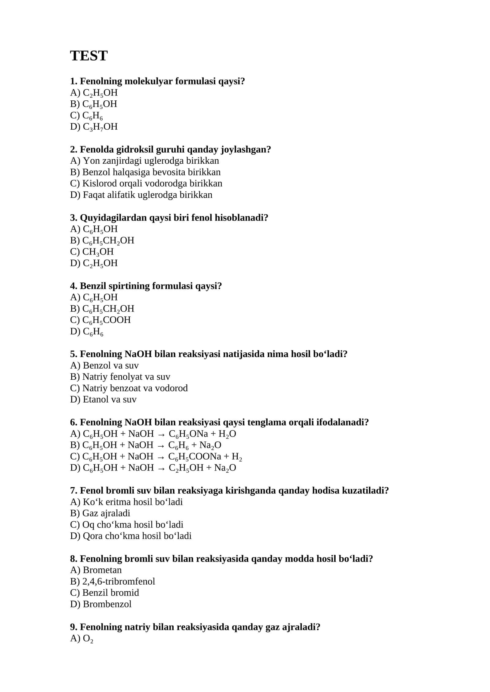 Fenol va benzil spirtining kimyoviy xossalari 1