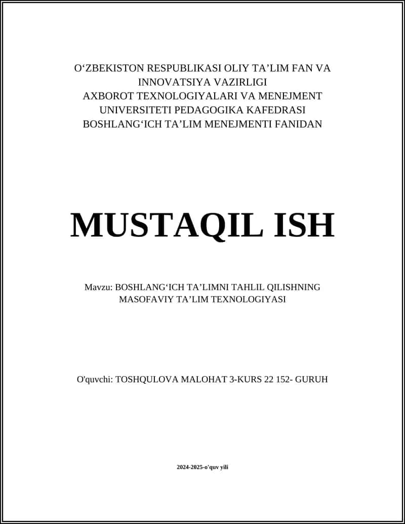 BOSHLANGʻICH TAʼLIMNI TAHLIL QILISHNING MASOFAVIY TAʼLIM TEXNOLOGIYASI 1