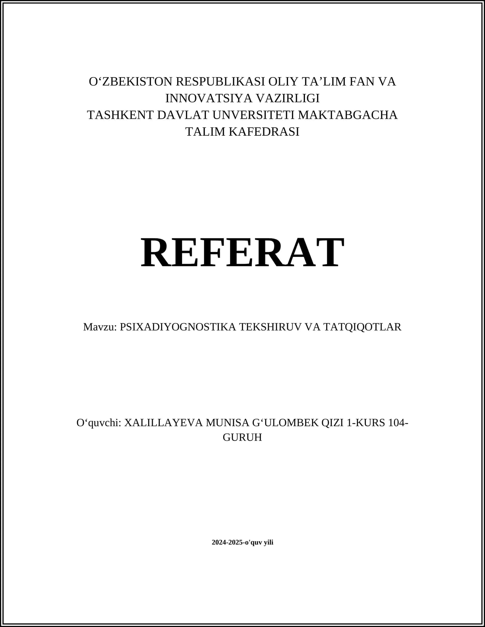 PSIXADIYOGNOSTIKA TEKSHIRUV VA TATQIQOTLAR 1