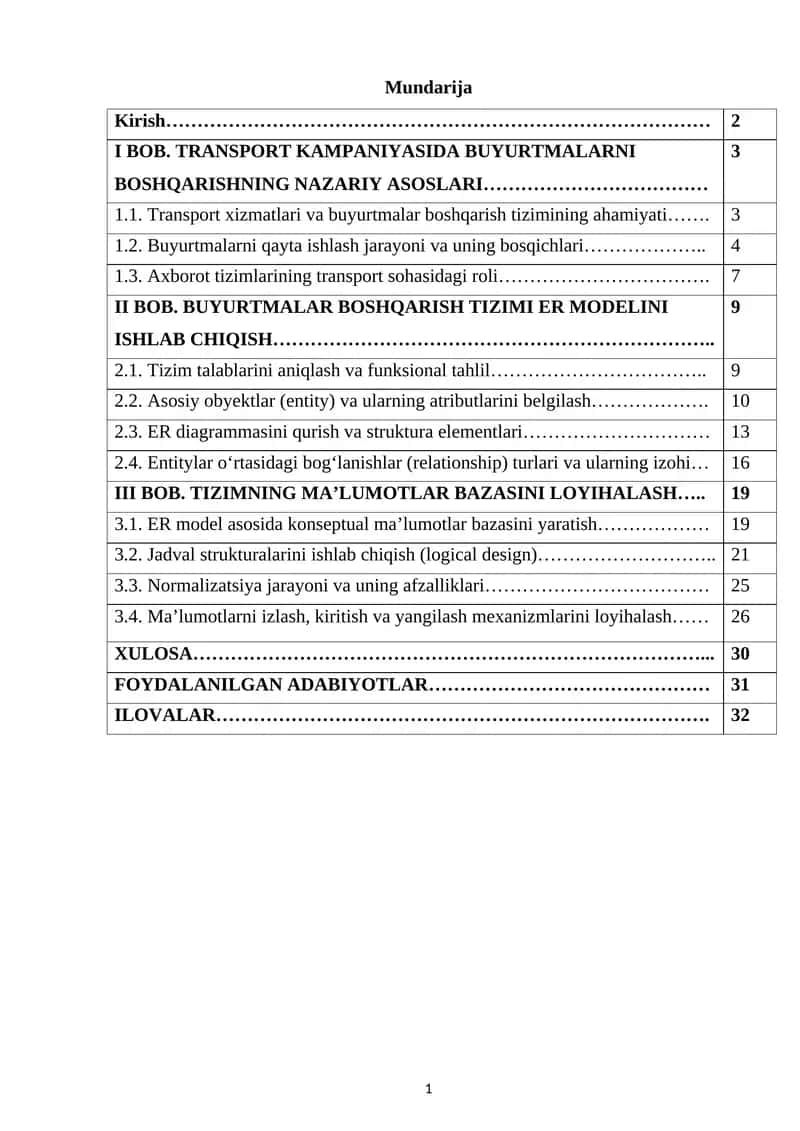 BOB. TIZIMNING MA’LUMOTLAR BAZASINI LOYIHALASH 1