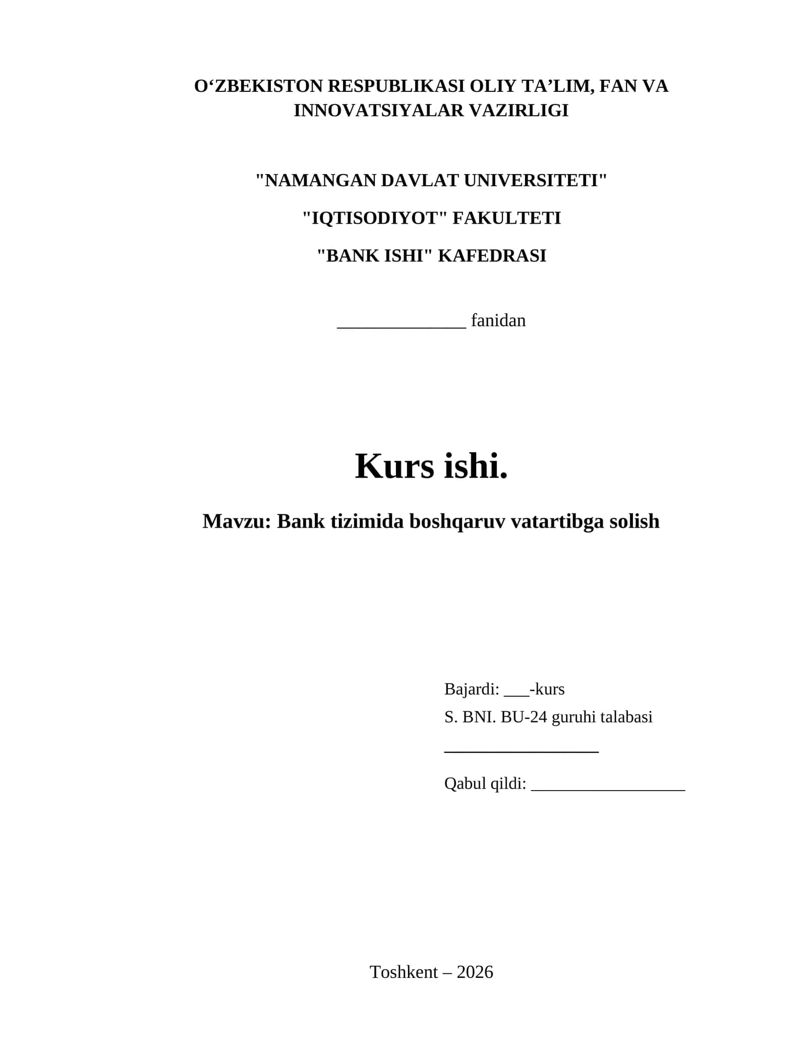 Bank tizimida boshqaruv vatartibga solish 1