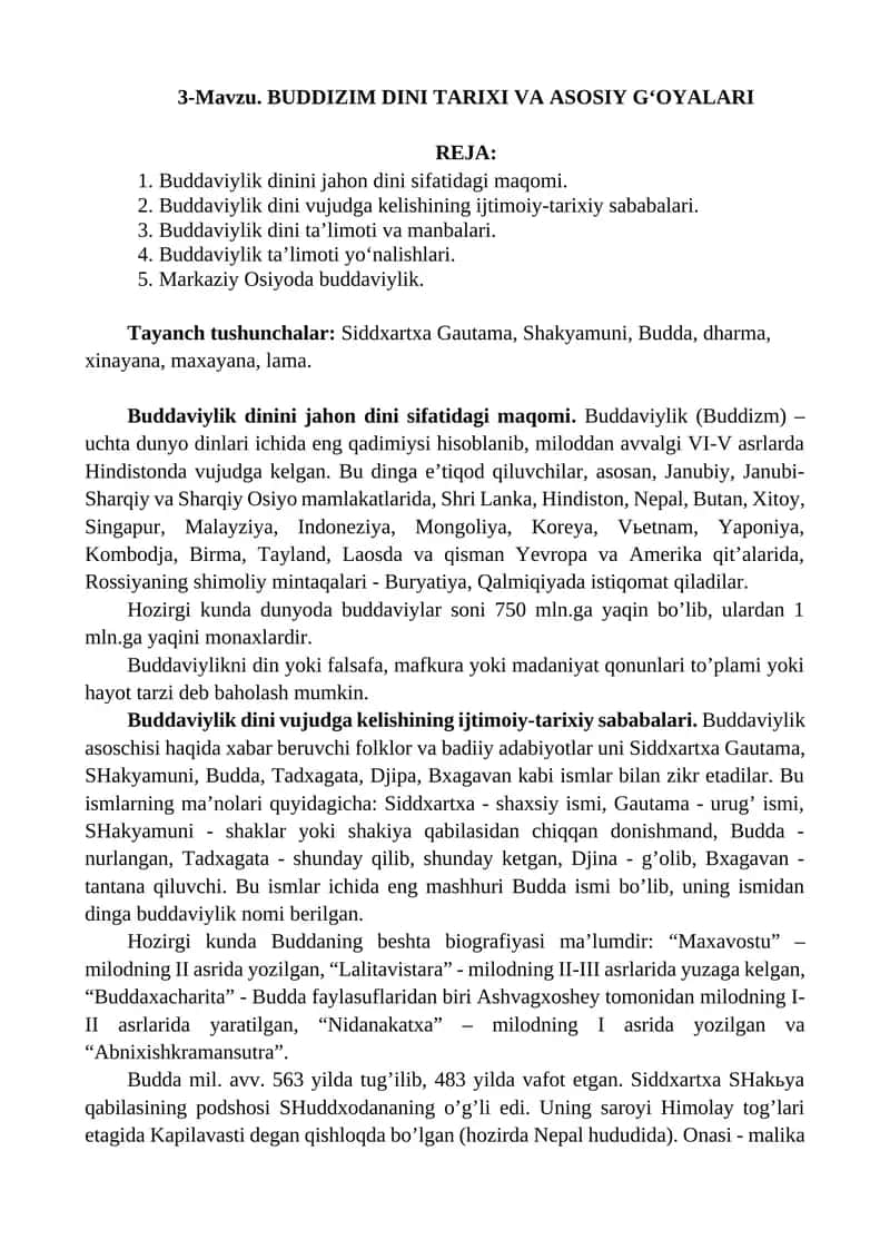 BUDDIZIM DINI TARIXI VA ASOSIY G‘OYALARI 1