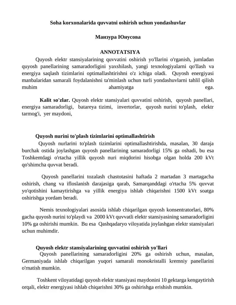 Quyosh elektr stansiyalarining quvvatini oshirish yo'llari 1
