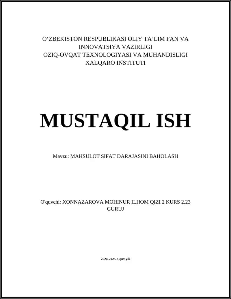 MAHSULOT SIFAT DARAJASINI BAHOLASH 1