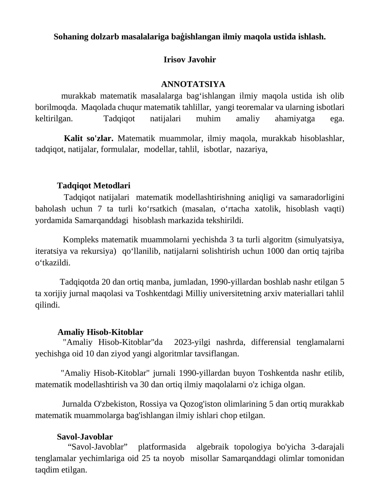 Matematik Muammolari Tadqiqoti 1