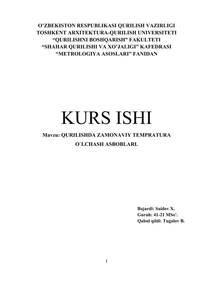 QURILISHDA ZAMONAVIY TEMPRATURA O`LCHASH ASBOBLARI 1