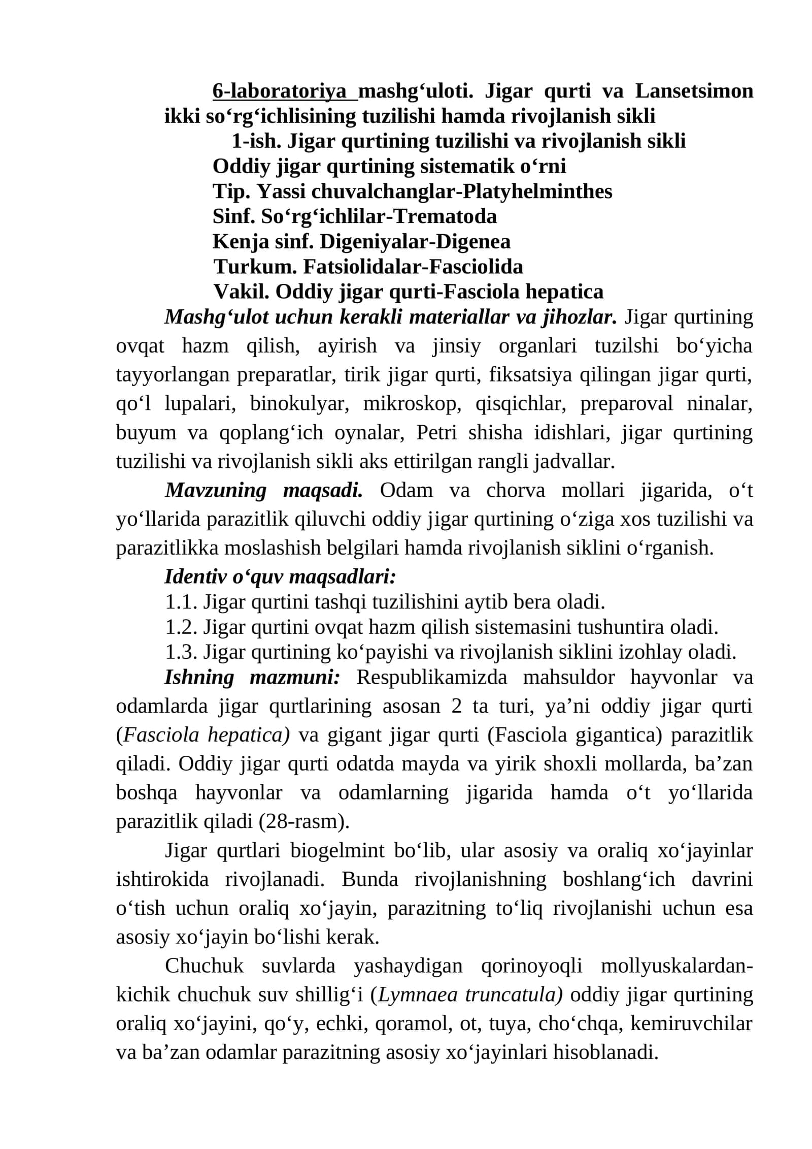 Jigаr qurtining tuzilishi vа rivоjlаnish sikli 1