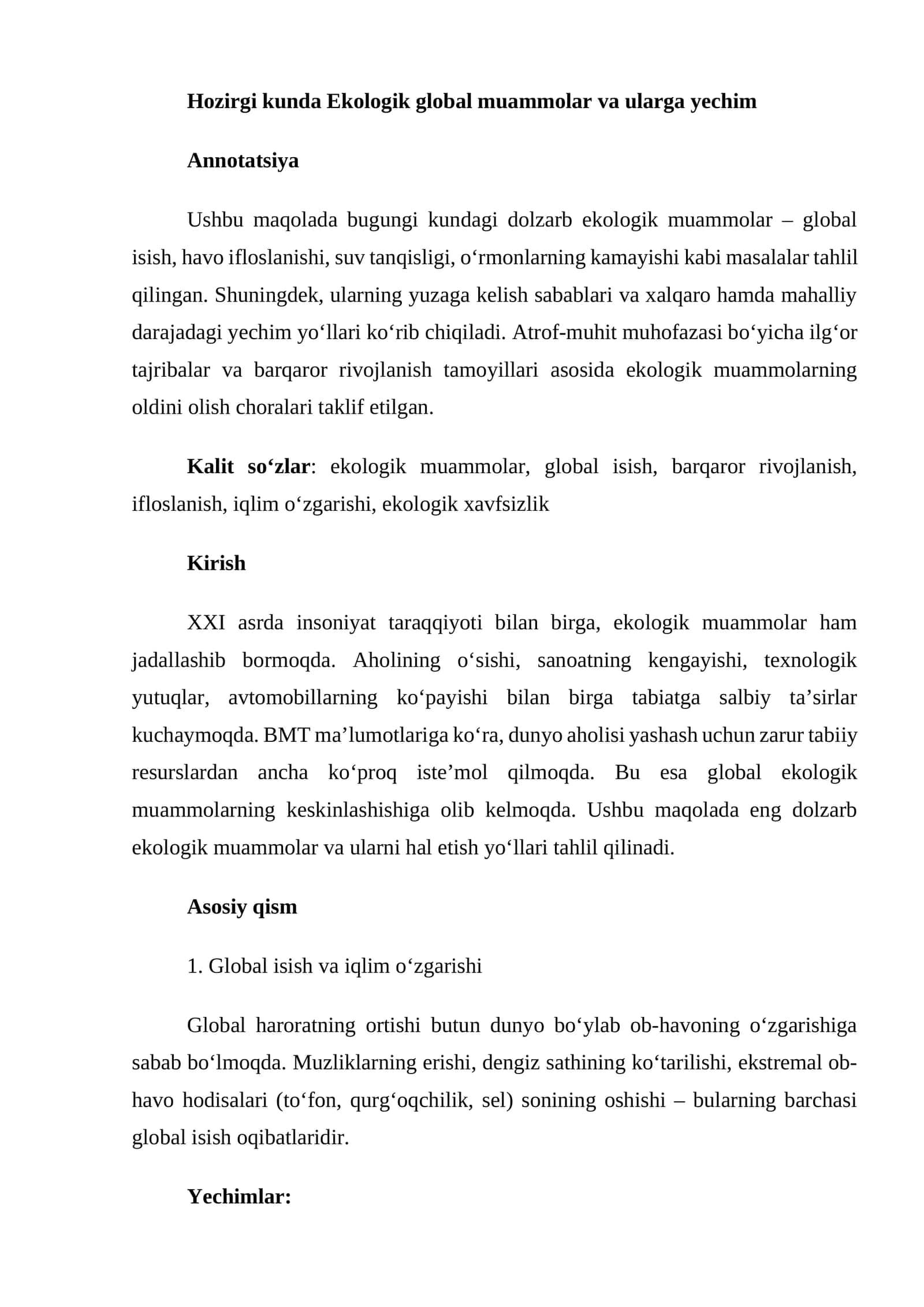 Ekologik global muammolar va ularga yechim 1
