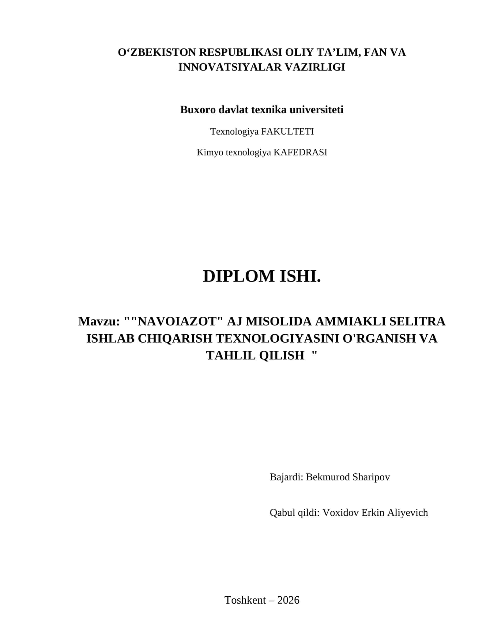 "Navoiazot" AJ misolida ammiakli selitra ishlab chiqarish texnologiyasini o'rganish va tahlil qilish 1