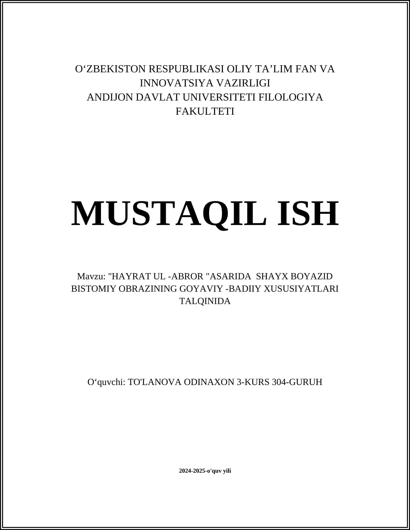 "HAYRAT UL -ABROR "ASARIDA SHAYX BOYAZID BISTOMIY OBRAZINING GOYAVIY -BADIIY XUSUSIYATLARI TALQINIDA 1