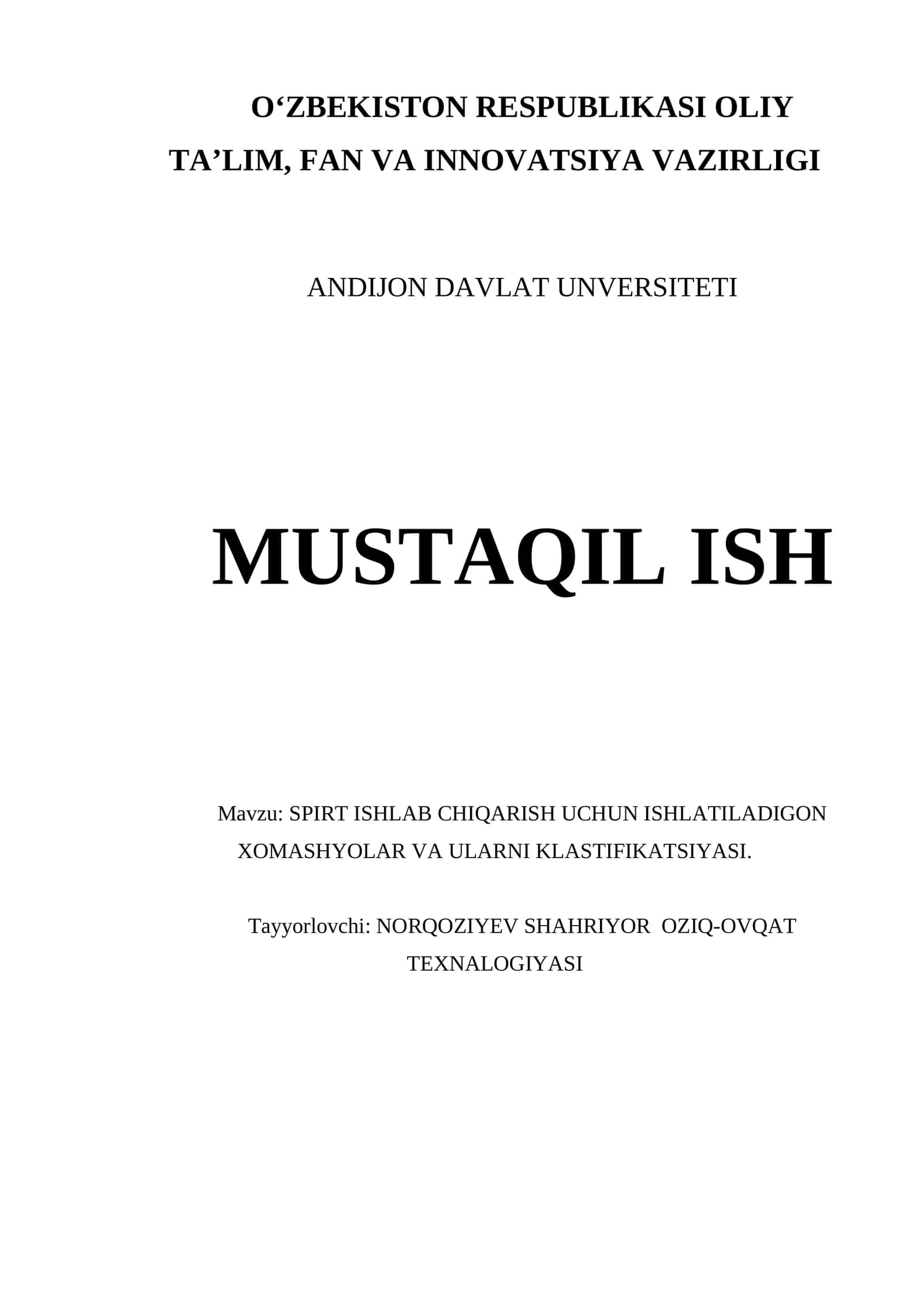 SPIRT ISHLAB CHIQARISH UCHUN ISHLATILADIGON XOMASHYOLAR VA ULARNI KLASTIFIKATSIYASI 1