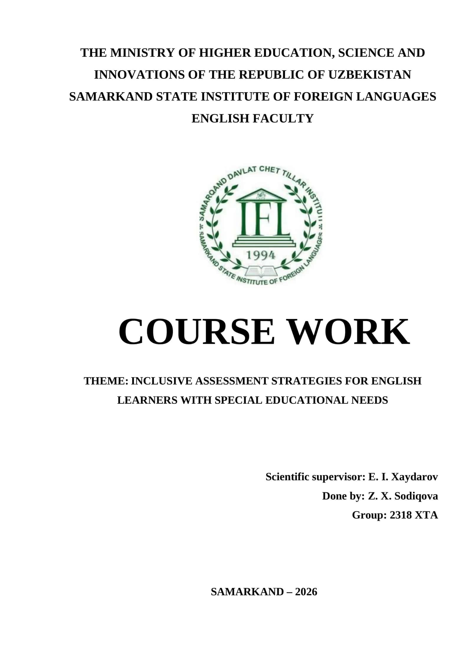 Course Work on Inclusive Assessment Strategies for English Learners with Special Educational Needs 1