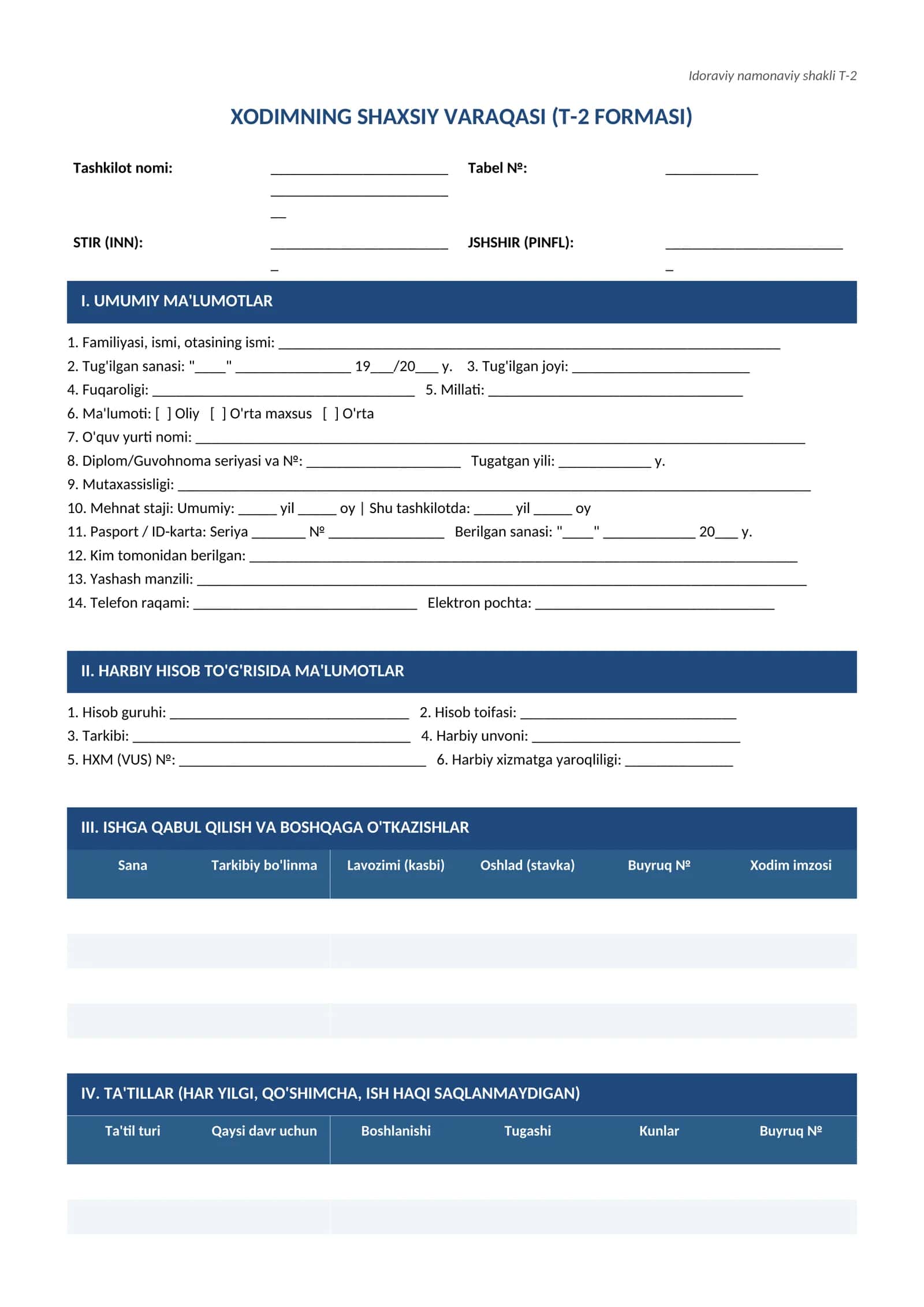 T-2 forma shaxsiy varaqa kartasi namuna blankasi (Word / DOCX) 1