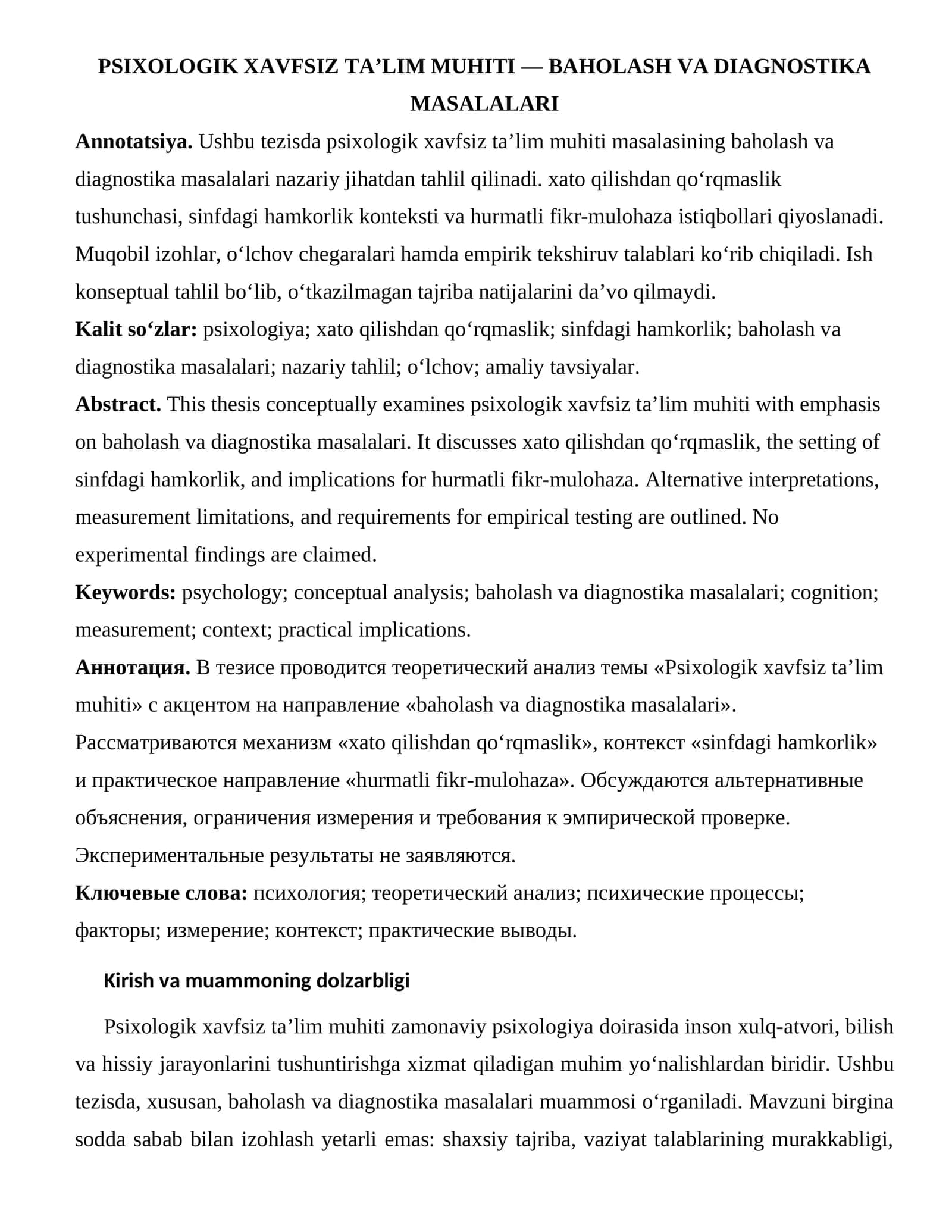 PSIXOLOGIK XAVFSIZ TA’LIM MUHITI — BAHOLASH VA DIAGNOSTIKA MASALALARI 1