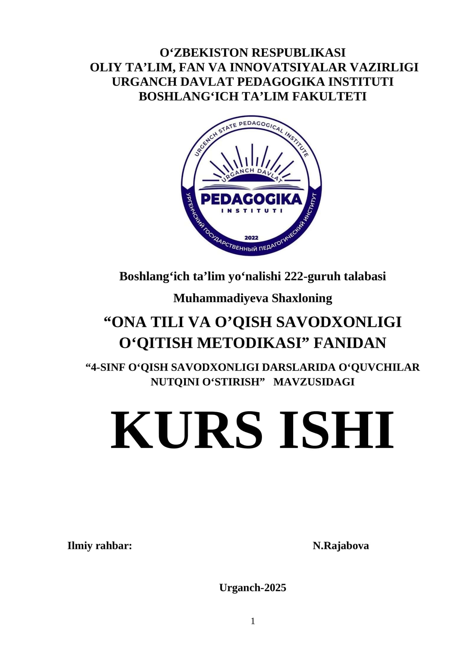 4-SINF OʻQISH SAVODXONLIGI DARSLARIDA OʻQUVCHILAR NUTQINI OʻSTIRISH 1