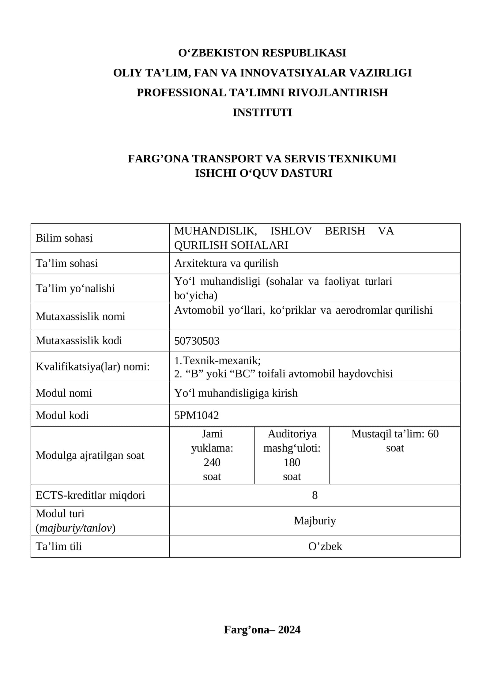ISCHI O'QUV DASTURI 1