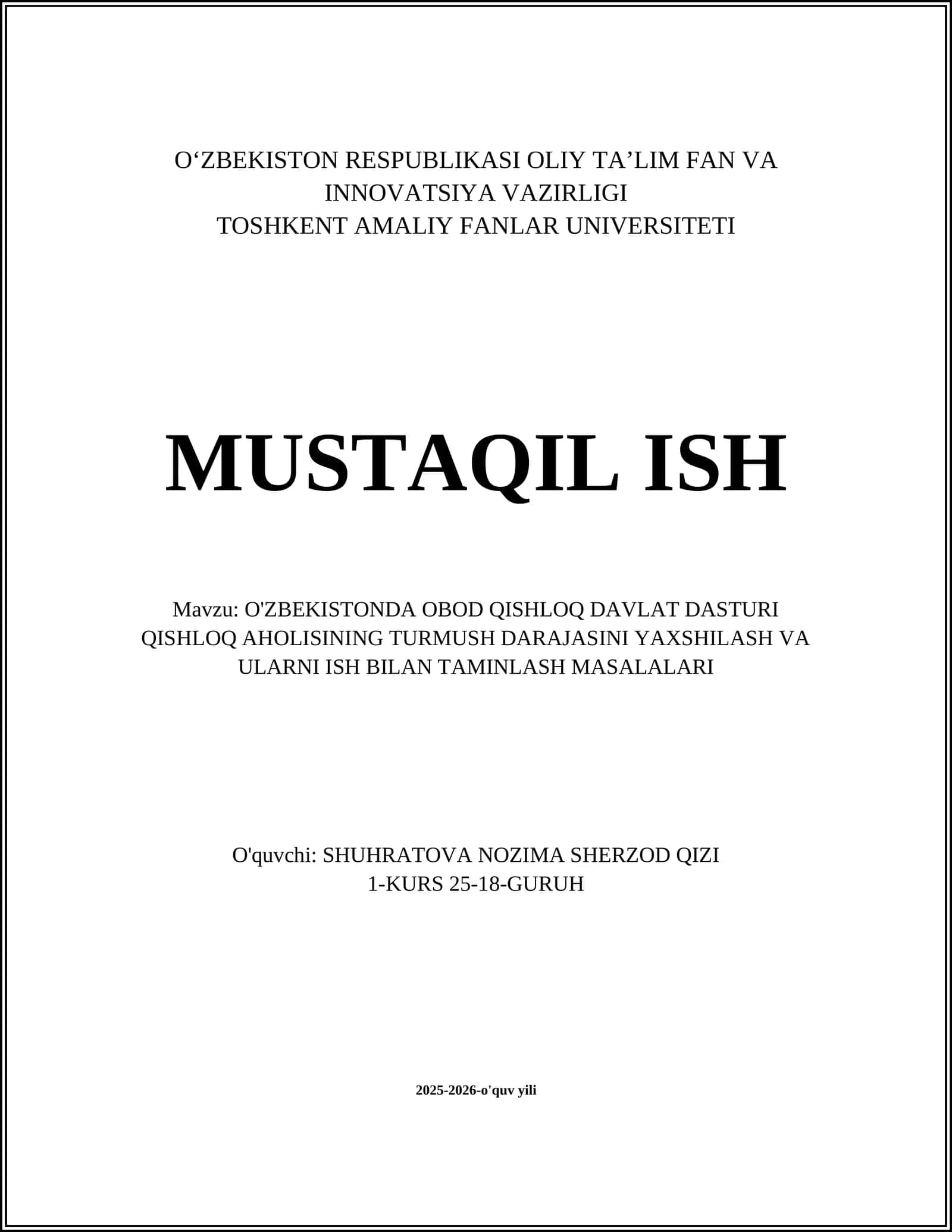 O'ZBEKISTONDA OBOD QISHLOQ DAVLAT DASTURI QISHLOQ AHOLISINING TURMUSH DARAJASINI YAXSHILASH VA ULARNI ISH BILAN TAMINLASH MASALALARI 1