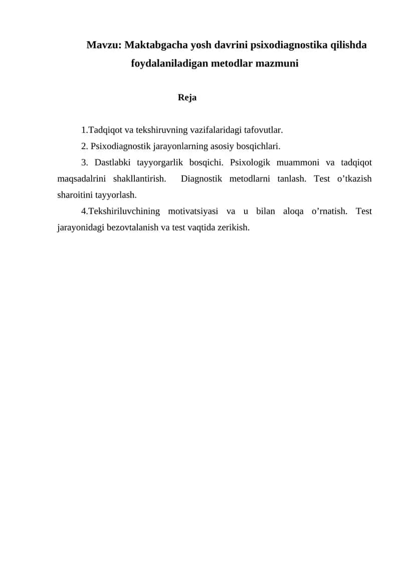 Maktabgacha yosh davrini psixodiagnostika qilishda foydalaniladigan metodlar mazmuni 1