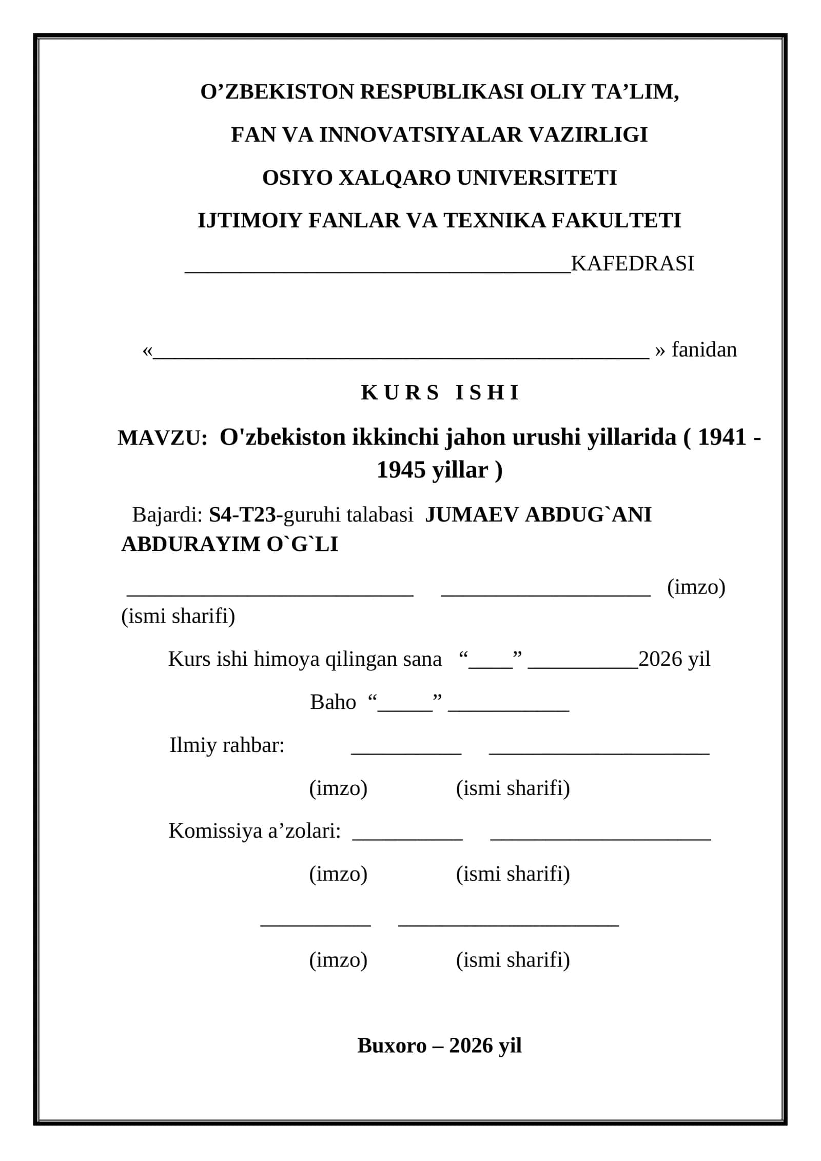 O'zbekiston ikkinchi jahon urushi yillarida ( 1941 - 1945 yillar ) 1