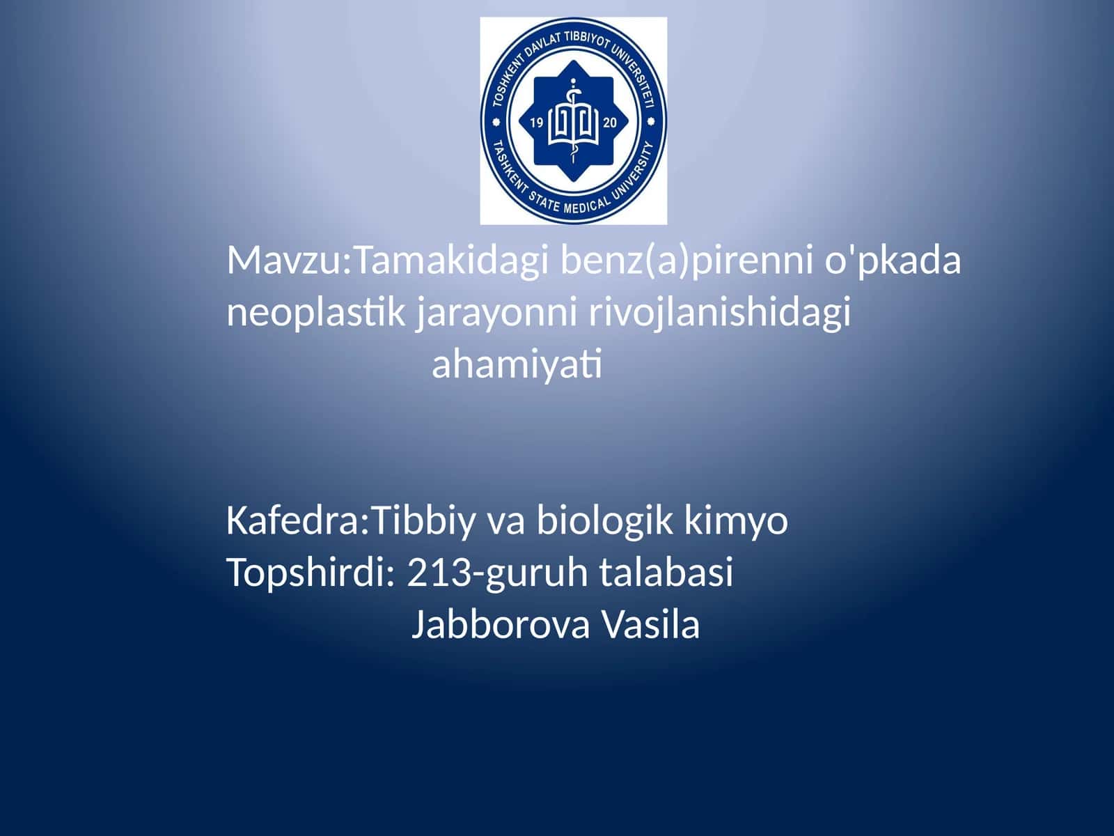 Tamakidagibenz(a)pirenni o'pkada neoplastik jarayonni rivojlanishidagi ahamiyati 1