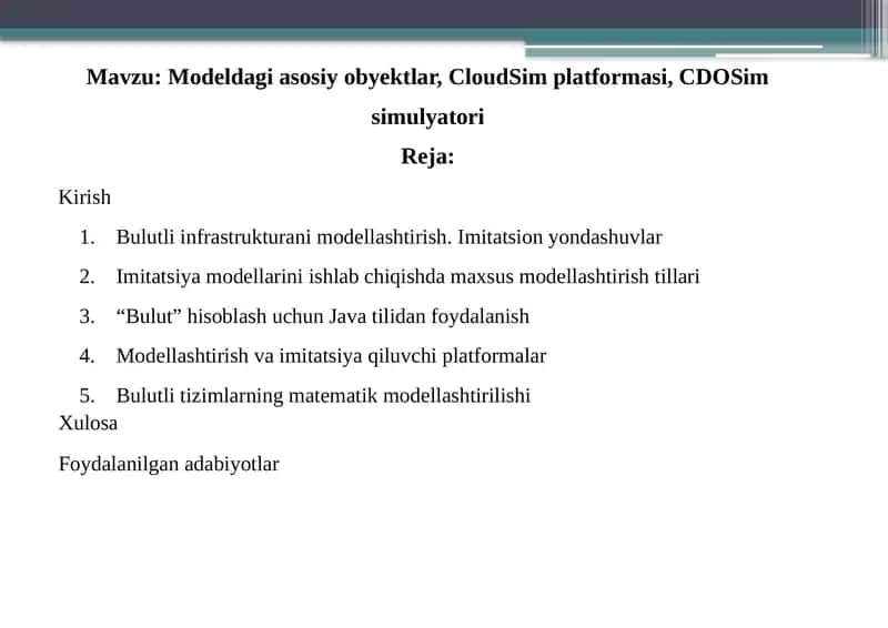 Modeldagi asosiy obyektlar 1