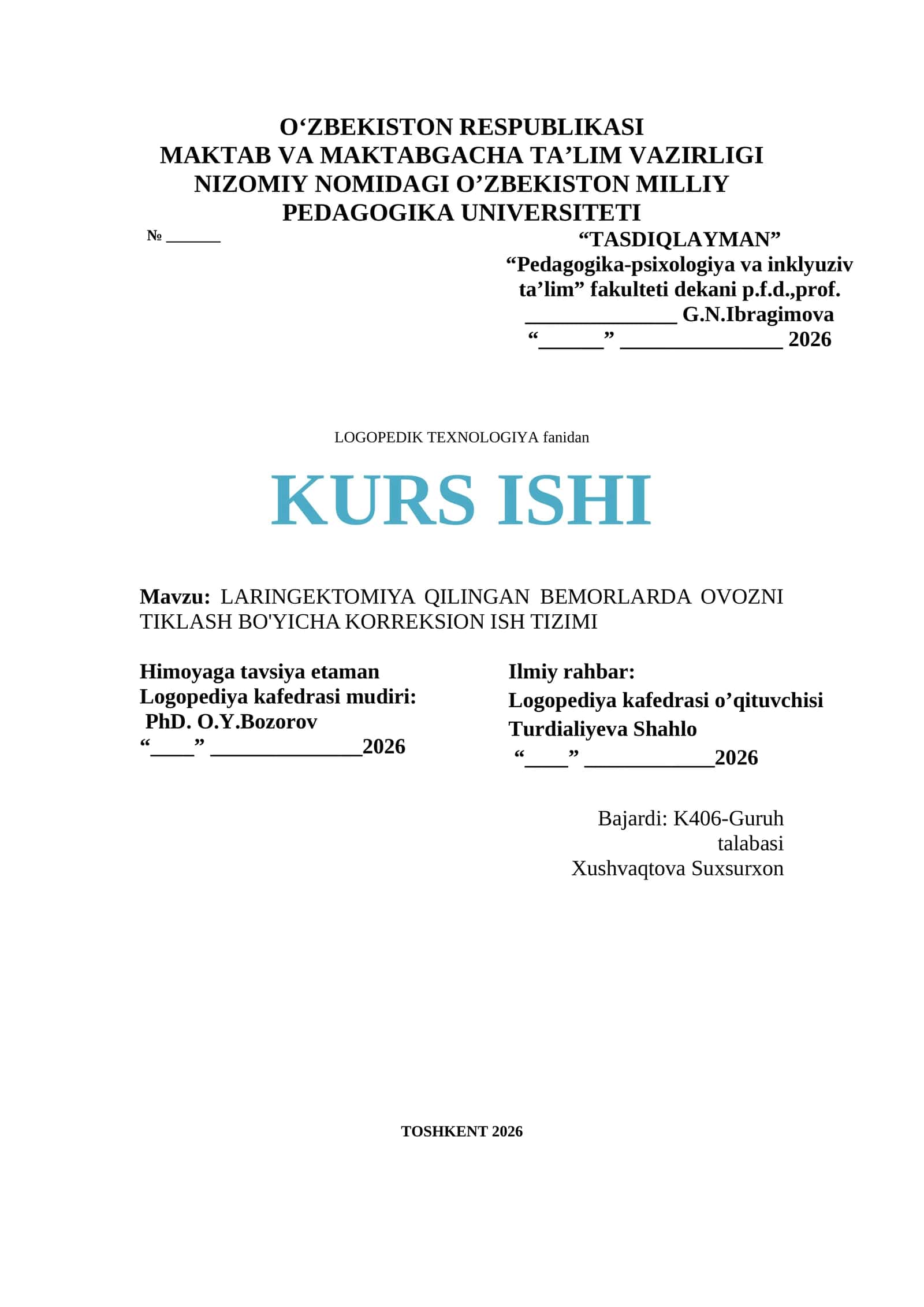 LARINGEKTOMIYA QILINGAN BEMORLARDA OVOZNI TIKLASH BO'YICHA KORREKSION ISH TIZIMI 1