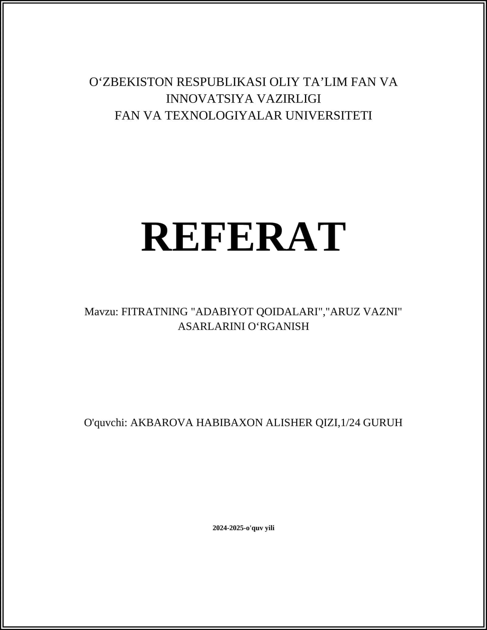 FITRATNING "ADABIYOT QOIDALARI","ARUZ VAZNI" ASARLARINI OʻRGANISH 1