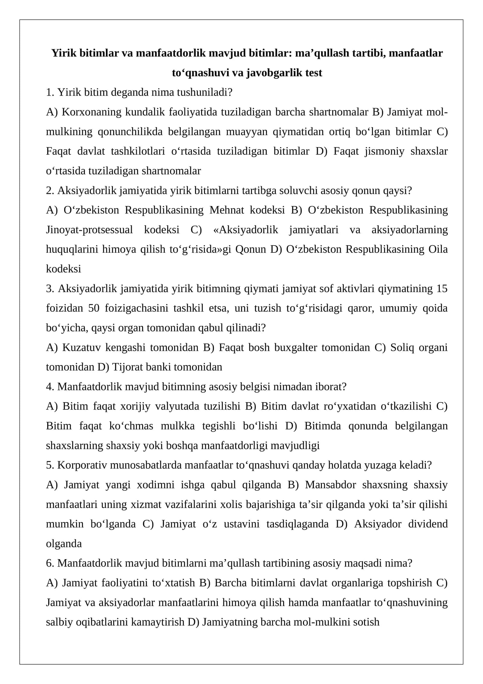 Yirik bitimlar va manfaatdorlik mavjud bitimlar 1