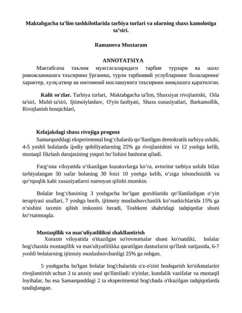 Maktabgacha taʼlim tashkilotlarida tarbiya turlari va ularning shaxs kamolotiga taʼsiri