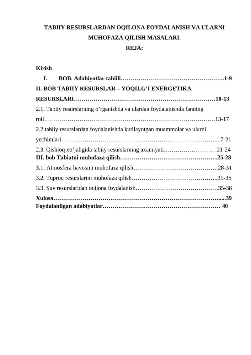 TABIIY RESURSLARDAN OQILONA FOYDALANISH VA ULARNI MUHOFAZA QILISH MASALARI 1