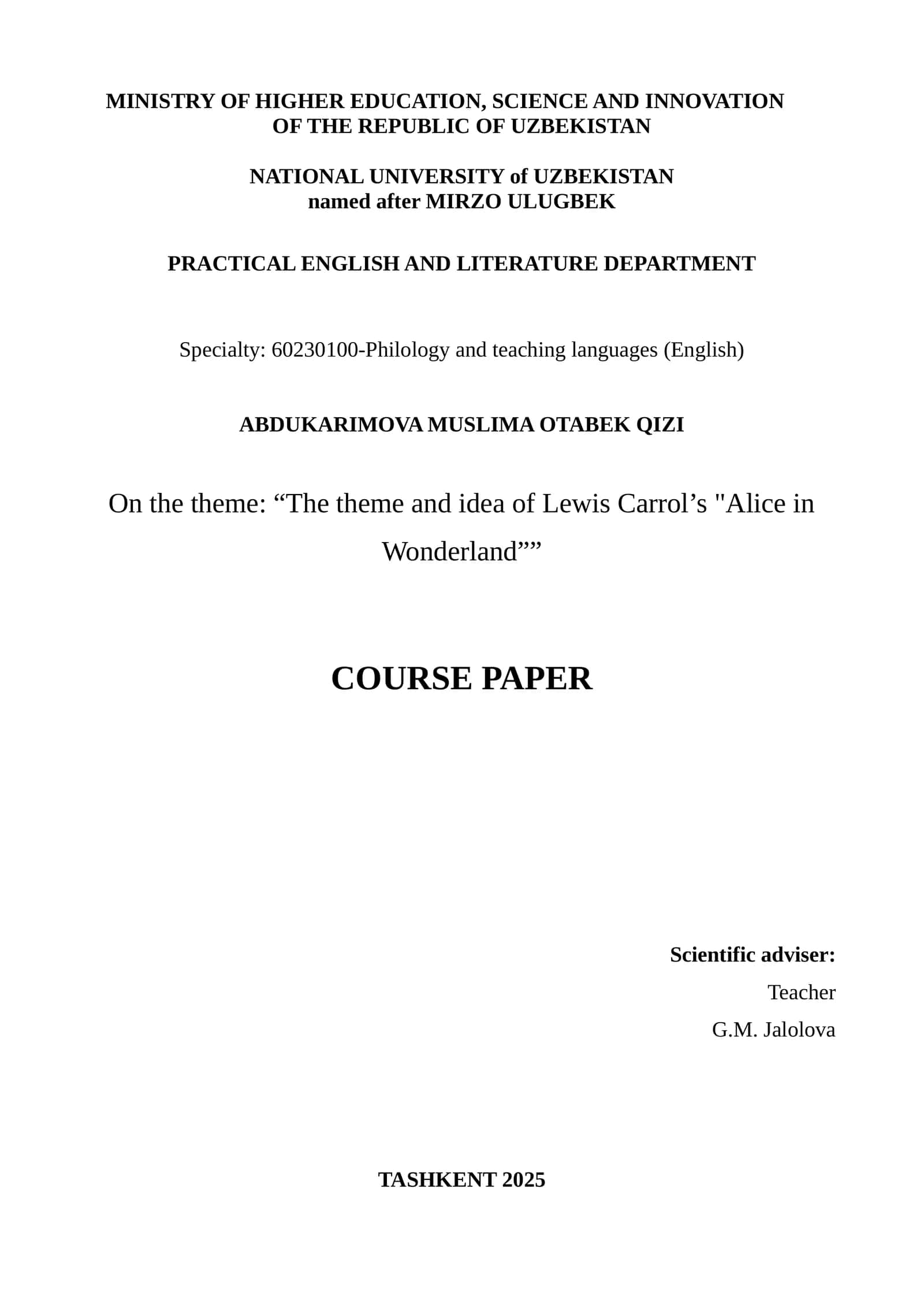 “The theme and idea of Lewis Carrol's "Alice in Wonderland”” 1