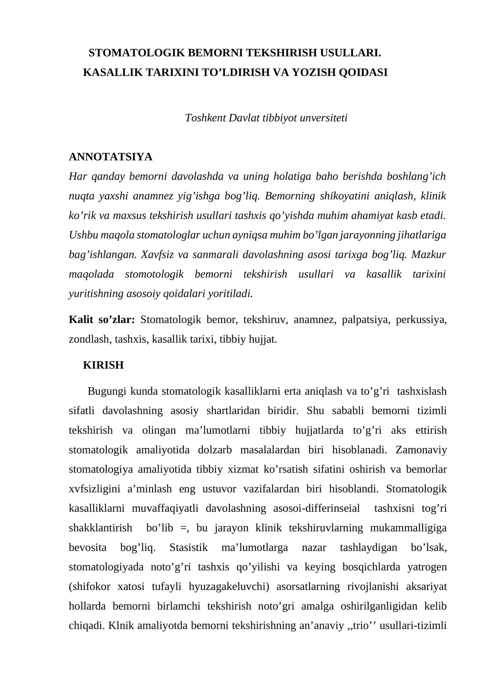 STOMATOLOGIK BEMORNI TEKSHIRISH USULLARI 1
