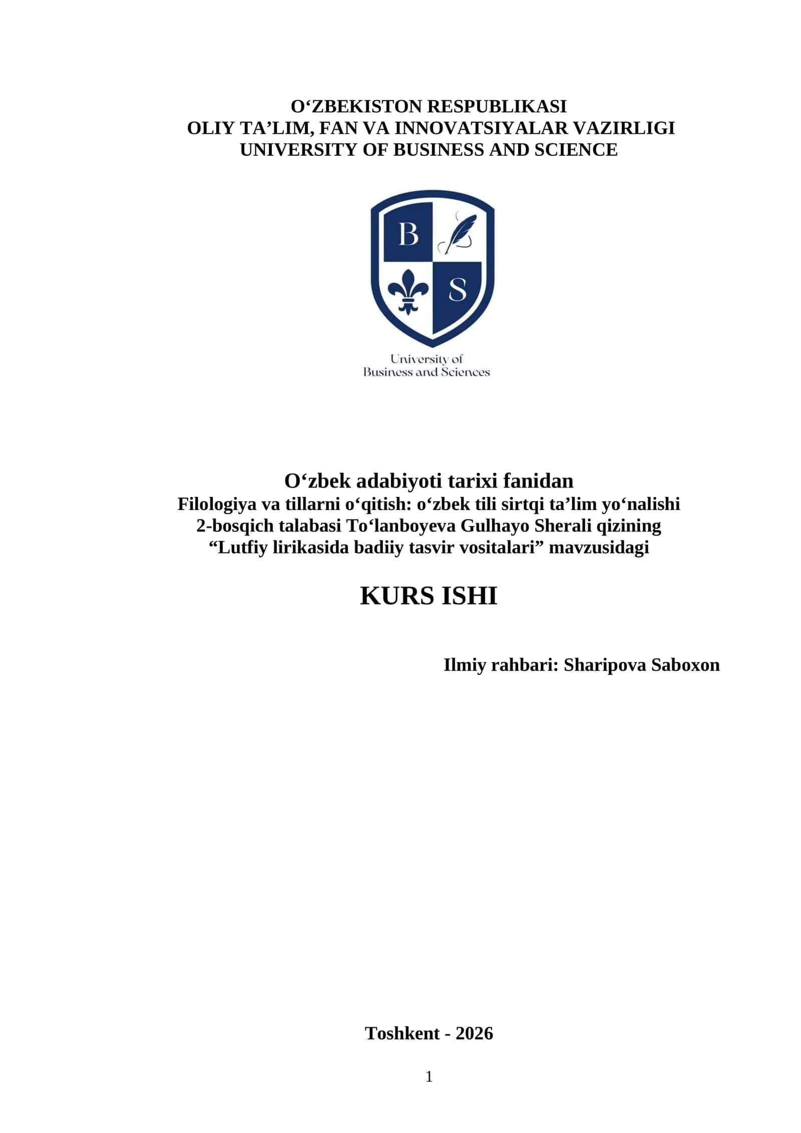 “Lutfiy lirikasida badiiy tasvir vositalari” kurs ishi 1
